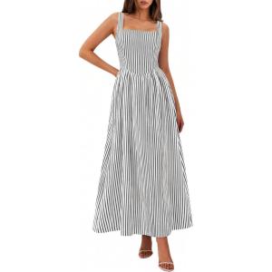 imagePRETTYGARDEN Womens Maxi Striped Dress 2026 Summer Sleeveless Square Neck Smocked A Line Long Flowy Spring Vacation SundressBlack Striped