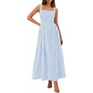 imagePRETTYGARDEN Womens Maxi Striped Dress 2026 Summer Sleeveless Square Neck Smocked A Line Long Flowy Spring Vacation SundressBlue Striped