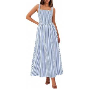 imagePRETTYGARDEN Womens Maxi Striped Dress 2026 Summer Sleeveless Square Neck Smocked A Line Long Flowy Spring Vacation SundressDark Blue Striped