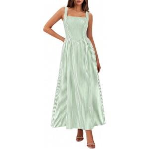 imagePRETTYGARDEN Womens Maxi Striped Dress 2026 Summer Sleeveless Square Neck Smocked A Line Long Flowy Spring Vacation SundressGreen Striped
