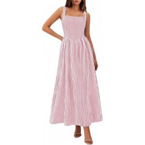 imagePRETTYGARDEN Womens Maxi Striped Dress 2026 Summer Sleeveless Square Neck Smocked A Line Long Flowy Spring Vacation SundressRed Striped