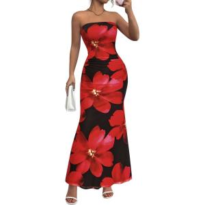 imagePRETTYGARDEN Womens Spring Dresses 2026 Sexy Strapless Tube Bodycon Mesh Ruched Floral Maxi Dress Wedding Club OutfitsBlack Red Flower