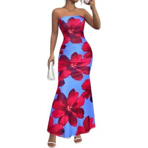 imagePRETTYGARDEN Womens Spring Dresses 2026 Sexy Strapless Tube Bodycon Mesh Ruched Floral Maxi Dress Wedding Club OutfitsBlue Red Flower