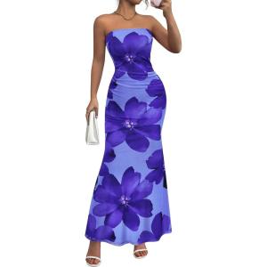 imagePRETTYGARDEN Womens Spring Dresses 2026 Sexy Strapless Tube Bodycon Mesh Ruched Floral Maxi Dress Wedding Club OutfitsFloral Purple Blue