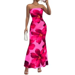 imagePRETTYGARDEN Womens Spring Dresses 2026 Sexy Strapless Tube Bodycon Mesh Ruched Floral Maxi Dress Wedding Club OutfitsRose Red Floral