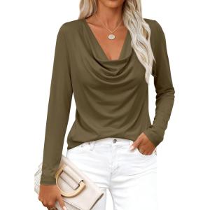 imagePRETTYGARDEN Womens Spring Tops 2026 Dressy Cowl Neck Long Sleeve Shirts Loose Business Casual Blouses Teacher Tunic TopArmy Green