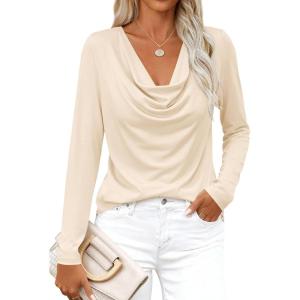 imagePRETTYGARDEN Womens Spring Tops 2026 Dressy Cowl Neck Long Sleeve Shirts Loose Business Casual Blouses Teacher Tunic TopBeige