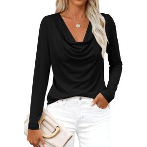 imagePRETTYGARDEN Womens Spring Tops 2026 Dressy Cowl Neck Long Sleeve Shirts Loose Business Casual Blouses Teacher Tunic TopBlack