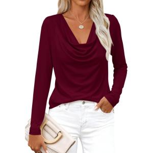 imagePRETTYGARDEN Womens Spring Tops 2026 Dressy Cowl Neck Long Sleeve Shirts Loose Business Casual Blouses Teacher Tunic TopBurgundy