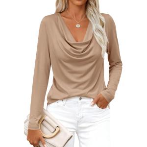 imagePRETTYGARDEN Womens Spring Tops 2026 Dressy Cowl Neck Long Sleeve Shirts Loose Business Casual Blouses Teacher Tunic TopKhaki