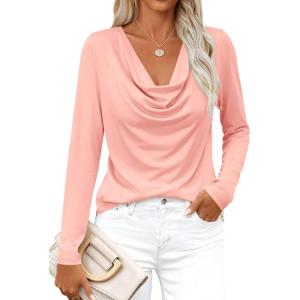 imagePRETTYGARDEN Womens Spring Tops 2026 Dressy Cowl Neck Long Sleeve Shirts Loose Business Casual Blouses Teacher Tunic TopPink