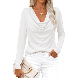 imagePRETTYGARDEN Womens Spring Tops 2026 Dressy Cowl Neck Long Sleeve Shirts Loose Business Casual Blouses Teacher Tunic TopWhite