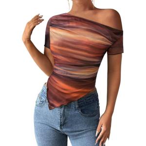 imagePRETTYGARDEN Womens Summer Off The Shoulder Tops 2026 Spring Short Sleeve Mesh Tie Dye Shirt Ruched Asymmetrical Y2k ClothesFloral Brown