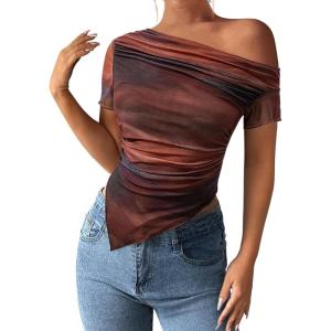 imagePRETTYGARDEN Womens Summer Off The Shoulder Tops 2026 Spring Short Sleeve Mesh Tie Dye Shirt Ruched Asymmetrical Y2k ClothesFloral Red Brown