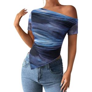 imagePRETTYGARDEN Womens Summer Off The Shoulder Tops 2026 Spring Short Sleeve Mesh Tie Dye Shirt Ruched Asymmetrical Y2k ClothesGradient Blue