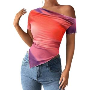 imagePRETTYGARDEN Womens Summer Off The Shoulder Tops 2026 Spring Short Sleeve Mesh Tie Dye Shirt Ruched Asymmetrical Y2k ClothesMulticolour Print