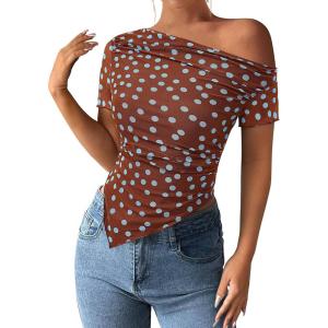 imagePRETTYGARDEN Womens Summer Off The Shoulder Tops 2026 Spring Short Sleeve Mesh Tie Dye Shirt Ruched Asymmetrical Y2k ClothesPolka Dot Brown