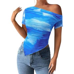 imagePRETTYGARDEN Womens Summer Off The Shoulder Tops 2026 Spring Short Sleeve Mesh Tie Dye Shirt Ruched Asymmetrical Y2k ClothesWatercolor Light Blue