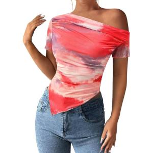 imagePRETTYGARDEN Womens Summer Off The Shoulder Tops 2026 Spring Short Sleeve Mesh Tie Dye Shirt Ruched Asymmetrical Y2k ClothesWatercolor Pink