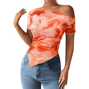 imagePRETTYGARDEN Womens Summer Off The Shoulder Tops 2026 Spring Short Sleeve Mesh Tie Dye Shirt Ruched Asymmetrical Y2k ClothesWatercolour Orange