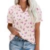 imagePRETTYGARDEN Summer Short Sleeve V Neck Shirts for Women 2026 Trendy Floral Print Loose Ruffle Tops Business Casual BlousesSmall Purple Flower