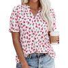 imagePRETTYGARDEN Summer Short Sleeve V Neck Shirts for Women 2026 Trendy Floral Print Loose Ruffle Tops Business Casual BlousesSmall Rose