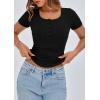 imagePRETTYGARDEN Womens 2026 Fall Summer Short Sleeve Tops Ribbed Henley Button Slim Fit Basic Casual T Shirts Blouse ClothingBlack