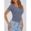 imagePRETTYGARDEN Womens 2026 Fall Summer Short Sleeve Tops Ribbed Henley Button Slim Fit Basic Casual T Shirts Blouse ClothingBlue Grey
