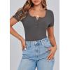imagePRETTYGARDEN Womens 2026 Fall Summer Short Sleeve Tops Ribbed Henley Button Slim Fit Basic Casual T Shirts Blouse ClothingCharcoal