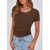 imagePRETTYGARDEN Womens 2026 Fall Summer Short Sleeve Tops Ribbed Henley Button Slim Fit Basic Casual T Shirts Blouse ClothingCoffee