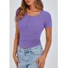 imagePRETTYGARDEN Womens 2026 Fall Summer Short Sleeve Tops Ribbed Henley Button Slim Fit Basic Casual T Shirts Blouse ClothingGrey Purple