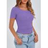 imagePRETTYGARDEN Womens 2026 Fall Summer Short Sleeve Tops Ribbed Henley Button Slim Fit Basic Casual T Shirts Blouse ClothingGrey Purple