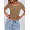 imagePRETTYGARDEN Womens 2026 Fall Summer Short Sleeve Tops Ribbed Henley Button Slim Fit Basic Casual T Shirts Blouse ClothingLight Khaki