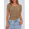 imagePRETTYGARDEN Womens 2026 Fall Summer Short Sleeve Tops Ribbed Henley Button Slim Fit Basic Casual T Shirts Blouse ClothingLight Khaki