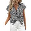 imagePRETTYGARDEN Womens Button Down Shirts V Neck Short Cap Sleeve Collared Plaid Tops 2026 Summer Spring Casual Blouses ClothesBlack