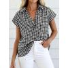 imagePRETTYGARDEN Womens Button Down Shirts V Neck Short Cap Sleeve Collared Plaid Tops 2026 Summer Spring Casual Blouses ClothesBlack