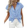 imagePRETTYGARDEN Womens Button Down Shirts V Neck Short Cap Sleeve Collared Plaid Tops 2026 Summer Spring Casual Blouses ClothesBlue