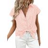 imagePRETTYGARDEN Womens Button Down Shirts V Neck Short Cap Sleeve Collared Plaid Tops 2026 Summer Spring Casual Blouses ClothesLight Pink