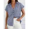 imagePRETTYGARDEN Womens Button Down Shirts V Neck Short Cap Sleeve Collared Plaid Tops 2026 Summer Spring Casual Blouses ClothesNavy