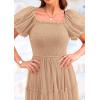 imagePRETTYGARDEN Womens Smocked Midi Tulle Dress 2026 Summer Puffy Short Sleeve Square Neck Ruffle Wedding Guest Party DressesApricot