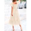 imagePRETTYGARDEN Womens Smocked Midi Tulle Dress 2026 Summer Puffy Short Sleeve Square Neck Ruffle Wedding Guest Party DressesBeige