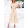 imagePRETTYGARDEN Womens Smocked Midi Tulle Dress 2026 Summer Puffy Short Sleeve Square Neck Ruffle Wedding Guest Party DressesBeige