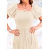 imagePRETTYGARDEN Womens Smocked Midi Tulle Dress 2026 Summer Puffy Short Sleeve Square Neck Ruffle Wedding Guest Party DressesBeige