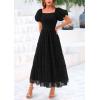 imagePRETTYGARDEN Womens Smocked Midi Tulle Dress 2026 Summer Puffy Short Sleeve Square Neck Ruffle Wedding Guest Party DressesBlack