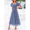 imagePRETTYGARDEN Womens Smocked Midi Tulle Dress 2026 Summer Puffy Short Sleeve Square Neck Ruffle Wedding Guest Party DressesGrey Blue