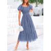 imagePRETTYGARDEN Womens Smocked Midi Tulle Dress 2026 Summer Puffy Short Sleeve Square Neck Ruffle Wedding Guest Party DressesGrey Blue