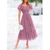 imagePRETTYGARDEN Womens Smocked Midi Tulle Dress 2026 Summer Puffy Short Sleeve Square Neck Ruffle Wedding Guest Party DressesGrey Purple