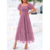 imagePRETTYGARDEN Womens Smocked Midi Tulle Dress 2026 Summer Puffy Short Sleeve Square Neck Ruffle Wedding Guest Party DressesGrey Purple