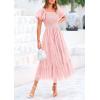 imagePRETTYGARDEN Womens Smocked Midi Tulle Dress 2026 Summer Puffy Short Sleeve Square Neck Ruffle Wedding Guest Party DressesLight Pink