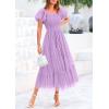 imagePRETTYGARDEN Womens Smocked Midi Tulle Dress 2026 Summer Puffy Short Sleeve Square Neck Ruffle Wedding Guest Party DressesLight Purple